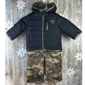 Skechers Baby Boys Romper Quilted Jacket Sz 12 Mos Black Brown Camo Patches Logo